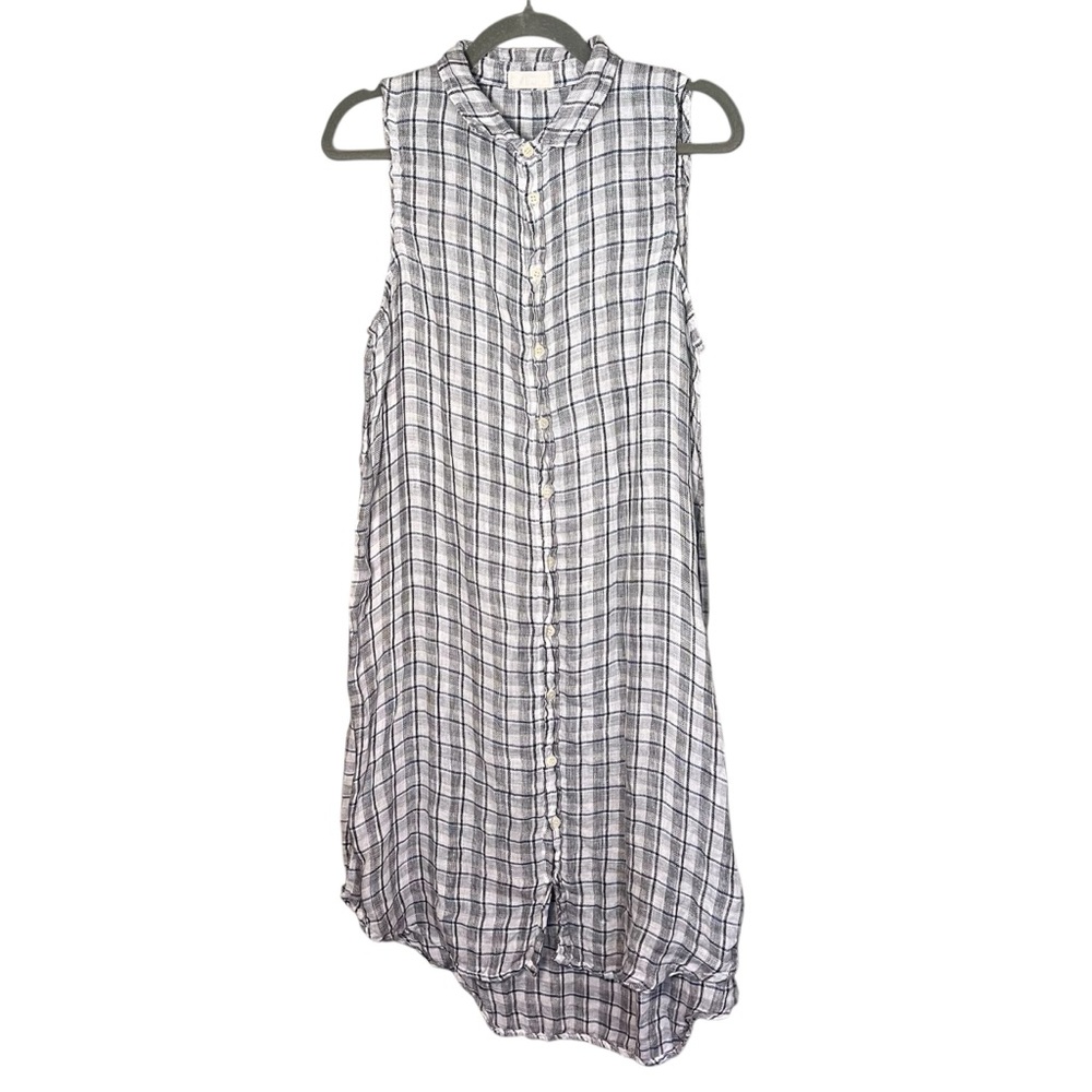 CP Shades Linen Windowpane Plaid Sleeveless Button Front Dress Grey White Blue S
